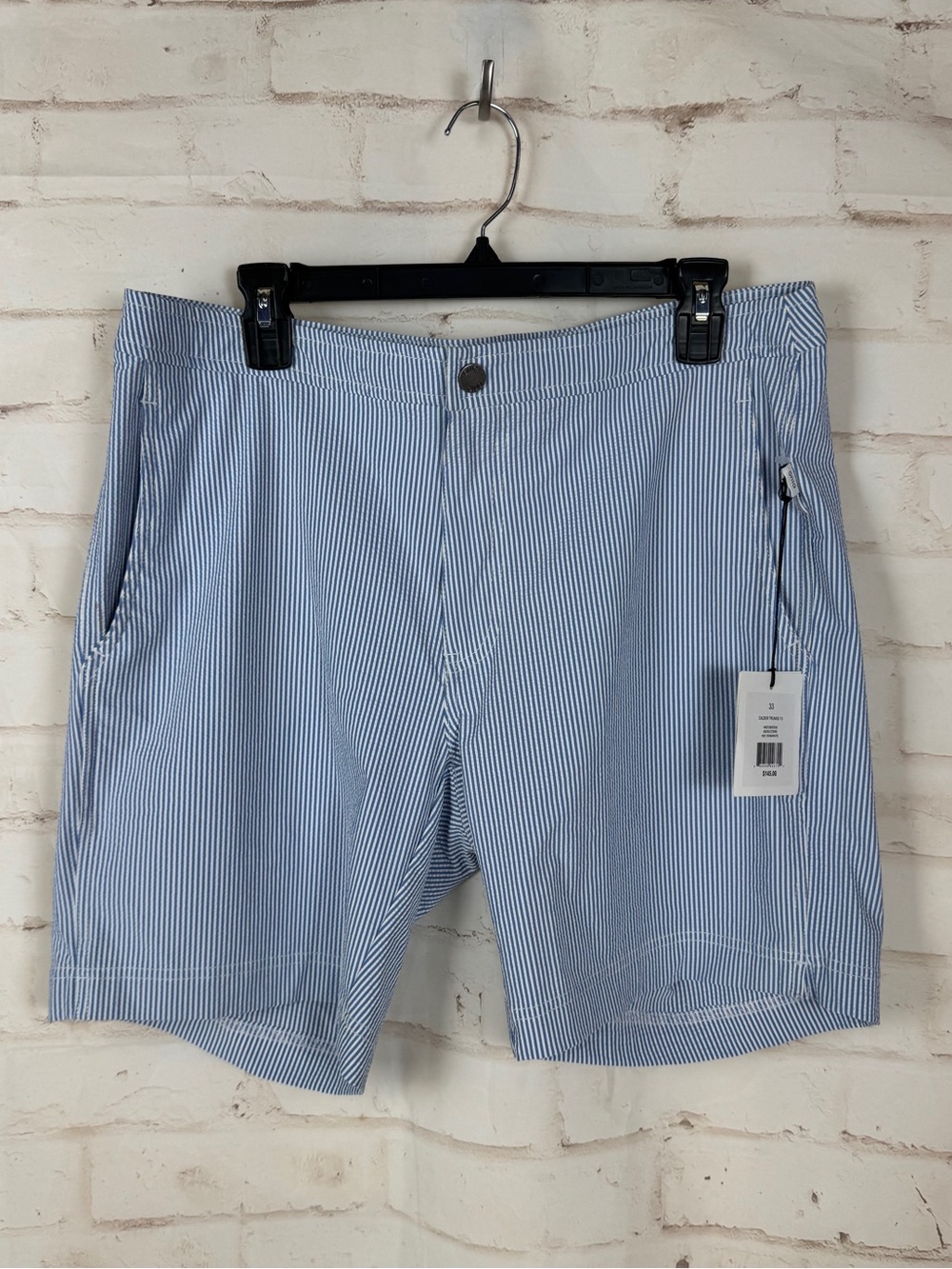 Onia Calder Swim Trunk Size 33 Micro Stripe Denim And White NWT!!!!!